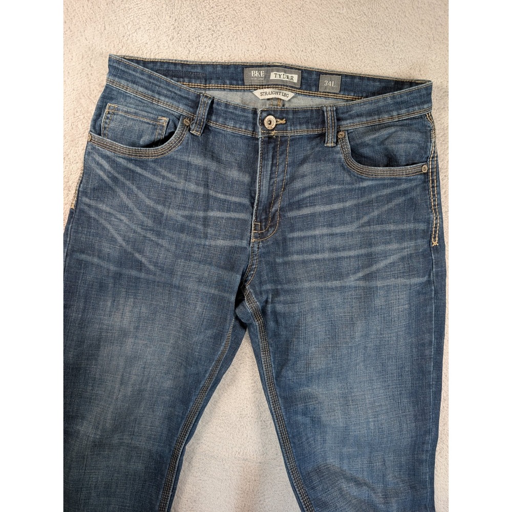 BKE Tyler Straight Leg Mens Jeans 34L Medium Wash Blue Denim Stretch 36x31.5